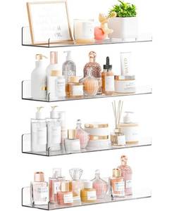 lot 44648 image: 4 Pack 15 Acrylic Shelves for Wall, Bathroom, Bedroom - with Adhesive - No Drilling Clear Floating Shelves for Funko Pop, Lego, Action Figures, Nail Polish, Perfume Shelf and Wall Storage & Display - Retail $15