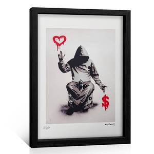 lot 44651 image: Framed Banksy Wall Decor, Love Over Money Hoodie Men Minimalist Positive Graffiti Street Art for Bedroom, Living Room, Office (12x16in,Type2) - Retail $28