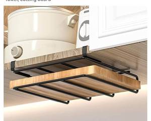 lot 44656 image: Chopping Board Rack Under Cabinet, Paper Towel Holder, Stainless Steel Cutting Board Holder, No-Hole Multifunctional Kitchen Organizer Under Cabinet Shelf for Kitchen Utensils, Towel, Cutting Board - Retail $15