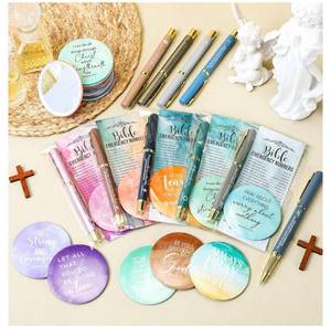 lot 44657 image: 50 Sets Women Christian Gifts Bulk Bible Verse Gel Pens Religious Compact Mirrors Emergency Bookmarks for Mother Grandmother Daughter Bible Study Group. MISSING BOOKMARKS. - Retail $36
