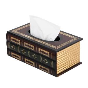 lot 44659 image: Crafted Classical Retro Wooden Antique Book Tissue Box Cover Rectangular Tissue Holder Dispenser Paper Cover Case Napkin Holder Home Decor for Bathroom Living Room Office. - Retail $20