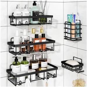 lot 44660 image: 5 Pack Shower Caddy Organizer Rack Shelf for Inside Shower, Adhesive Bathroom Wall Storage Basket Rustproof Stainless Steel Shampoo Holder, Bathroom Accessory Decor Set, Black. - Retail $17