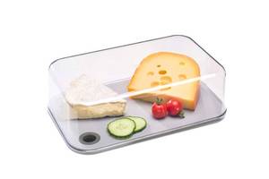 lot 44662 image: Modula Transparent Cheese Dome with Built in Grey Cutting Board Kinds of Cheeses  Dishwasher Safe  95oz2800ml  BPA Free  Made in Holland - Retail $34