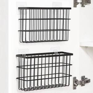 lot 44666 image: 2 Pack Cabinet Door Organizer, Self Adhesive Lid Organizers Inside Cabinet Storage Boxes, Hanging Storage Basket Organizer Wall Mounted Pantry Caddy Cup Holder for Kitchen, Fridge, Bathroom (Black) - Retail $16