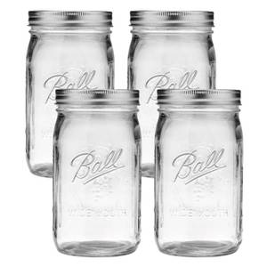 lot 44669 image: Ball Glass Mason Jars with Lids and Bands, Used for Canning, Pickling, Juice, Jam, Jelly (Quart, 32 Ounce (Pack of 4)) - Retail $28