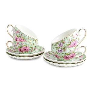lot 44673 image: Tea Cup and Saucers, 6.4oz Floral Tea Cups with Gold Trim, Porcelain Teacup, Coffee Cappuccino Espresso Latte Mugs for Party Birthday, Party Cafe Home, Christmas Gift (Green) - Retail $36