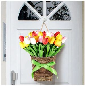 lot 44676 image: Spring Tulip Basket Wreath for Front Door Easter Wreaths with 20 Pcs 15 Inch Fake Artificial Flower Hanging Decoration Wreath Farmhouse Porch Swag Gift Window Wall Wedding Home Entryway(Red and Pink) - Retail $29
