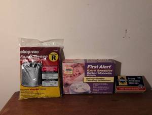 lot 150 image: Home Safety Bundle - Shop-Vac Filter, CO Detector, and Matches