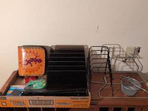 lot 164 image: Wooden Desktop Letter Organizer with Wire Mesh Accessories