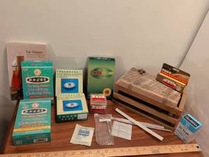 lot 172 image: Wood box fat chaser book tip safe moxie roll extinguisher with Ash collector base dish and top holding slots, soothing herbal balm for burns pain relieving medicated plaster large pain relief patches