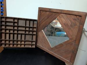 lot 397 image: Wooden miniature knick knack shelf and mirror with wood frame