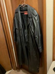 lot 543 image: Full Length Black Leather Trench Coat by Hull