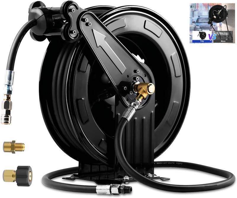 lot 5941 image: Retractable Hose Reel, Double Arm 38 in x 50 ft Heavy Duty Steel Professional Power Wash Hose Reel for OilAirWater 4000 PSI w5 ft Lead (Pressure cleaning hose not included) - Retail 200