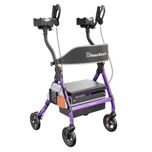 lot 5974 image: BlessReach Heavy Duty Upright Rollator Walker for Seniors, 450lb Capacity, 6 Height Adjustments, 8 All-Terrain Wheels, Padded Seat & Backrest, Easy Assembly, Foldable Design (Purple) - Retail $516