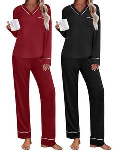 lot 4825 image: Ekouaer 2 Pack Womens Pajama Set Long Sleeve Sleepwear Loungewear V Neck Pjs Sets with Pockets BlackWine Red S