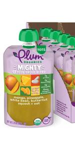 lot 4826 image: Plum Organics - 12 Months Organic Baby Food - Mango, Pineapple, White Bean, Butternut Squash & Oat - Non-GMO - On-The-Go Pouches for Baby & Toddler - Quality Tested Ingredients - 3.75 oz (Pack Of 6)