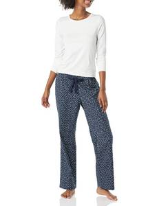 lot 4939 image: Amazon Essentials Womens Long Sleeve Knit Top and Lightweight Flannel Pajama Pant Set, Navy Dot Print, Medium