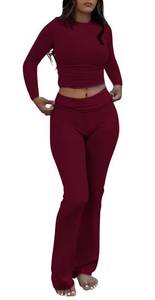 lot 4966 image: AYWA Womens 2 Piece Outfits Foldover Flare Pants Long Sleeve Crew Neck T-shirt Fitted Pajama Sets (Burgundy, X-Small)