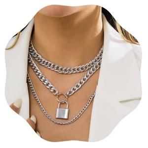 lot 4999 image: Jumwrit Chunky Chain Necklace Punk Layered Choker Necklaces Cuban Link Chain Necklace with Lock Pendant Necklace Statement Necklace for Womens Silver