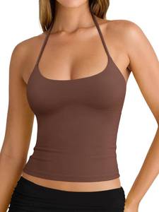 lot 5007 image: REORIA Womens Summer Sexy Halter Backless Double Lined Tank Top Going Out Y2k Trendy Sleeveless Camisole Crop Tops for Women 2026 Fashion Coffee Large