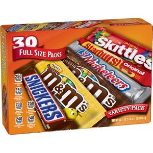 lot 5022 image: Mars M&MS, SNICKERS, 3 MUSKETEERS, SKITTLES & STARBURST Variety Pack Full Size Bulk Candy Assortment, 56.11 oz, 30 Count