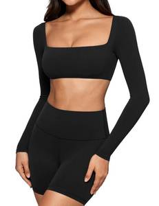 lot 5025 image: INGIA Womens Square Neck Long Sleeve Crop Top Workout Athletic Yoga Basic Tee Bandeau Fitted T-Shirt with Built in Bra Black Medium