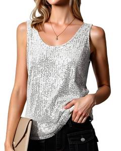 Sequin Tops for Women Sleeveless Scoop Neck Sparkle Shimmer Tanks Tops Sexy Party Base Tank Top Fashion Shimmer Cami Silver