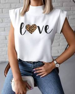 lot 5127 image: Womens Love Letter Print Stand Collar Sleeveless Pullover Shirt Casual Fashion Top for Street Outdoor Office Blouse-w-S White