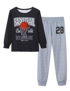 lot 5138 image: Mikrdoo Boys Pajamas Soft Long Sleeve & Elastic Waist Pants 2 Piece Pj Sets for Teens Boy Size 16 Years Fashion Black Gray Basketball