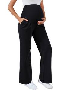 lot 5151 image: Ecavus Womens Wide Leg Maternity Pants with Pockets - Stretchy Over The Belly Pregnancy Casual and Work Trousers Black small