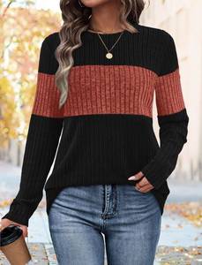lot 5176 image: Womens Early Fall Fashion 2025 Trendy Clothes Long Sleeve Tops Fall Sweaters Color Block Womens Tops Black Caramel M