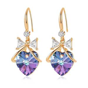 lot 5179 image: Austrian Crystal Heart Drop Dangle Bow Earrings for Women Fashion 14K Gold Plated Hypoallergenic Jewelry (Vitrail Light)