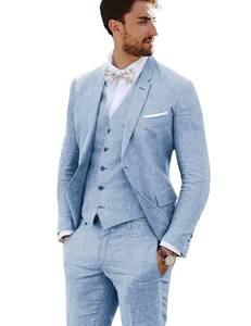 lot 5268 image: Furuyal Linen Suit 3 Pieces Vintage Retro Wedding Prom Suits Slim Fit Jacket Blazer Groom Tuxedos Blue-M
