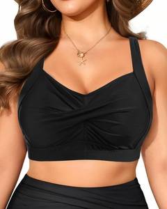 lot 5278 image: Daci Women Plus Size Push up Bikini Top Only Full Coverage Swimsuit Tops Twist Front Bathing Suit Bra for Large Bust Black 24 Plus