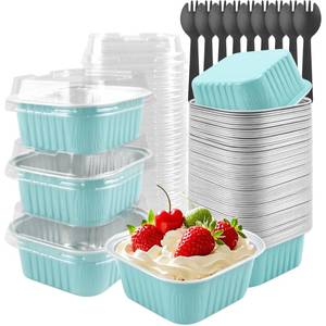 Tikxlafe 50-Pack 5oz Square Aluminum Foil Baking Cups, Disposable Mini Cake Pans with Lids, Brownie & Cheesecake Containers for Baking-blue