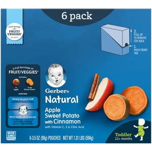 lot 1656 image: (Pack of 6) Gerber Apple Sweet Potato with Cinnamon Toddler Food, 3.5 oz Pouches
