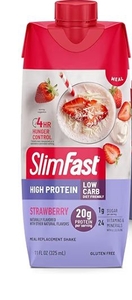 lot 1792 image: SlimFast Protein Shake, Strawberry- 20g Protein, Meal Replacement Shake Ready to Drink, High Protein with Low Carb and Low Sugar, 24 Vitamins and Minerals 4 pack