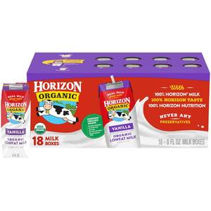 lot 1897 image: Horizon Organic Shelf Stable 1% Lowfat Vanilla Milk Boxes, 8 fl oz, 18 Count - 8g Protein per Serving, USDA Organic UHT, Ready to Drink for Lunchbox, Travel, or On-the-Go, No Refrigeration Needed