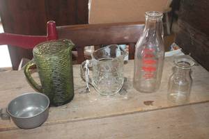 lot 3776 image: Vintage Green Glass Pitcher, Milk Bottle & More