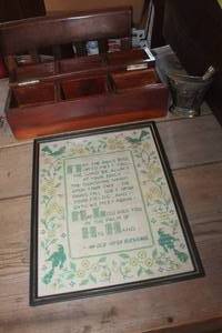 lot 3839 image: Vtg. Cross Stitch Picture, Primitive Dresser Box & More