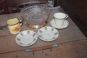 lot 3844 image: Vtg. Monterrey Metal Cup, Cut Glass Serving Bowl & More