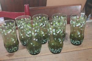 lot 3872 image: Retro 7 Libbey Green Glass Glasses