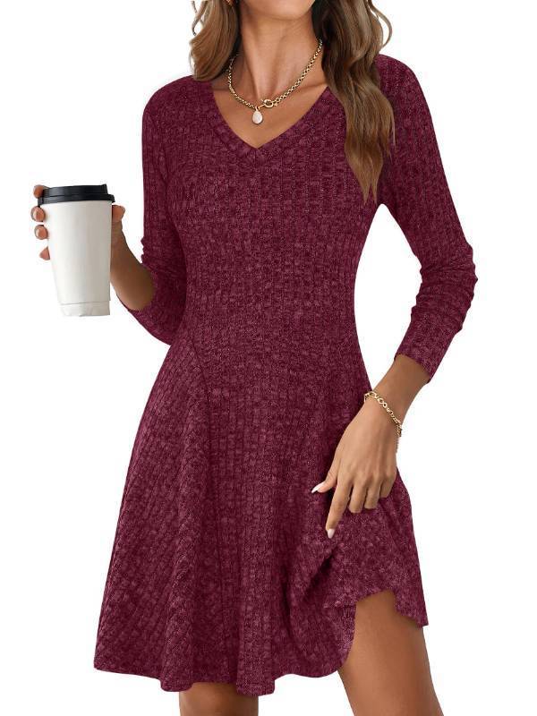 lot 1896 image: ANRABESS Women Long Sleeve Ribbed Knit Short Dresses 2026 Spring V Neck Casual Swing A Line Sweater Dress Burgundy Medium