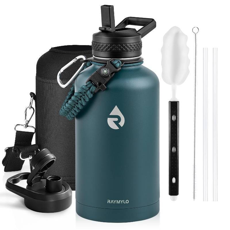 lot 1331 image: RAYMYLO Insulated Water Bottle 64 oz, Triple Wall Vacuum Stainless Steel (Cold for 48 Hrs), Leak Proof & Non-BPA, Half Gallon Water Flask Jug with Paracord Handle & Straw Spout Lids, Dark Green
