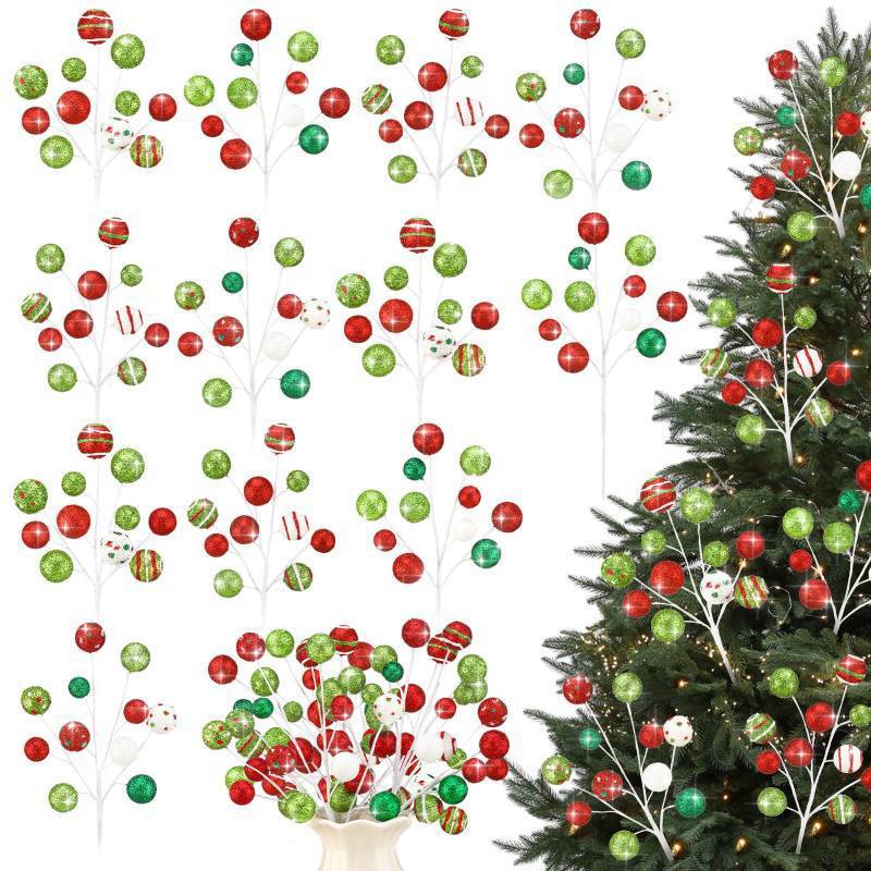lot 8468 image: Yalikop 12 Pcs Christmas Glitter Ball Picks 15 Inch Green Red White Berries Picks for Christmas Tree Decorations Xmas Topper Ornaments DIY Wreath Garland Crafts Holiday Vase Fillers Winter Home Decor