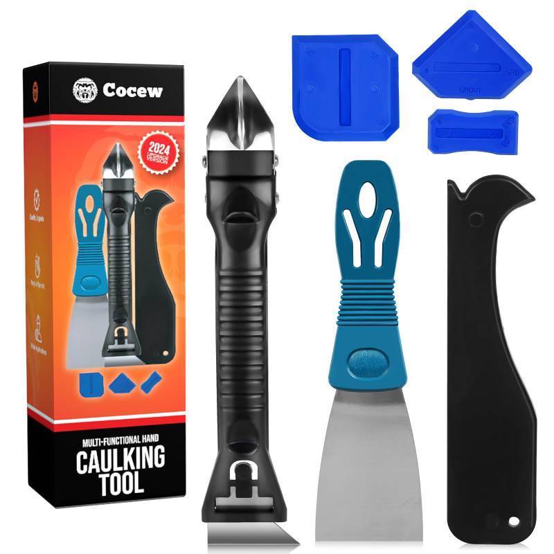lot 14886 image: Silicone Caulking Tool Kit, Caulk Remover Tool, Putty Knife Scraper, 3 Glass Glue Corner Scrapers, Grout Removal Tool with Stainless Steel Head for Kitchen Bathroom and Window