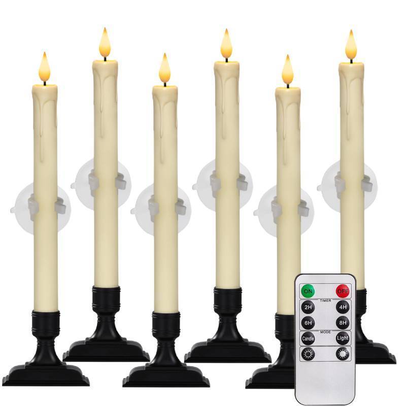 lot 14906 image: Homemory 6 Pcs Window Candles with Remote Timer Dimmer, Christmas Candles for Window Battery Operated, Ivory Flameless Taper Candle with Holders and Suctions, LED Candlesticks for Xmas Holiday Decor