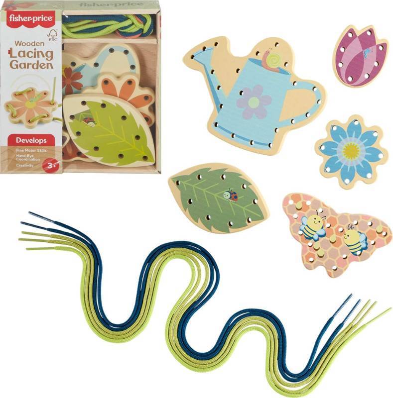 lot 9876 image: Fisher-Price Wood Preschool Toy Lacing Activity Cards, Tiny Garden 10-Piece Set for Fine Motor Skill Development Kids Ages 3 Years