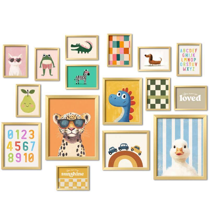 lot 9909 image: 16 PCS Framed Kids Wall Art Decor, Baby Girl & Boy Nursery Decor, Toddler Room Bedroom Playroom Decor, Cute Colorful Animal Eclectic Gallery Wall Prints