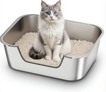 lot 6595 image: Stainless Steel Cat Litter Box with Low Entry, Metal Kitty Litter Box for Senior or Injured Cats, Odor-Free,